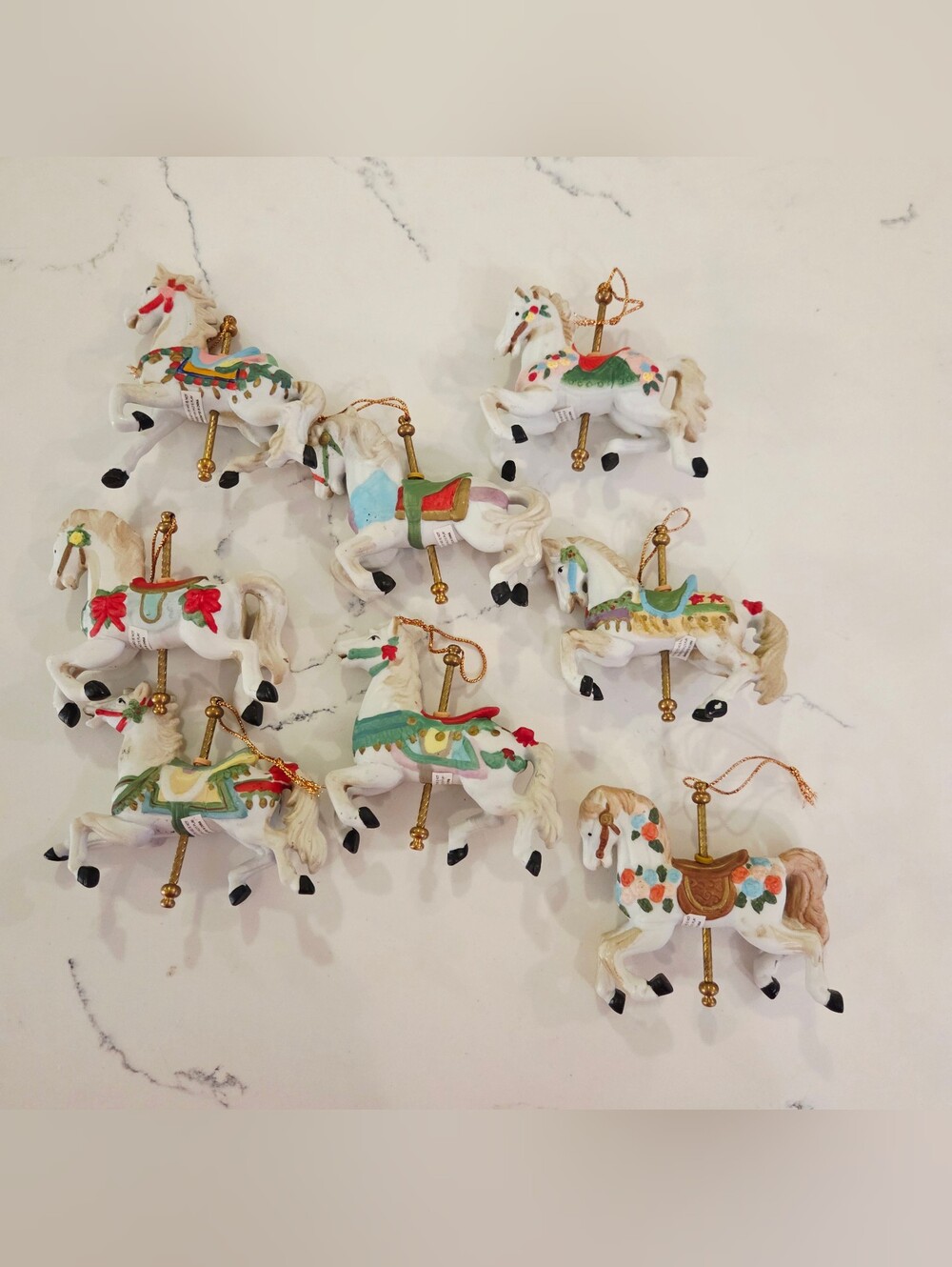 Set of 8 Vintage Carousel Horse Ornaments -Resin Porcelain - Brass Poles - 1990s